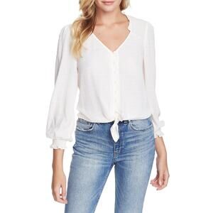 1. State Women's Long Sleeve Sheer Windowpane Tie Front Blouse Ivory NWT